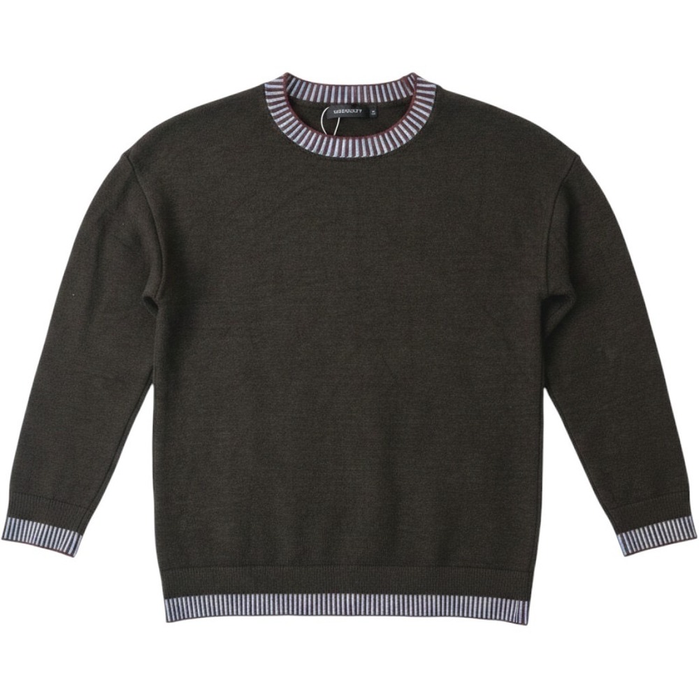Merokeety Women's M Olive Green Striped Trim Crewneck Sweater Relaxed Soft Knit